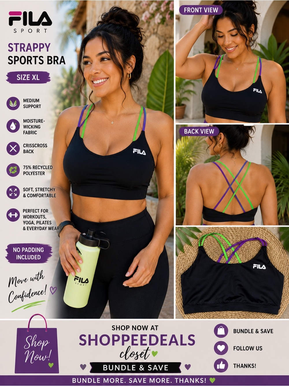 FILA Sport Black Strappy Sports Bra – Neon Green & Purple Crisscross Straps
